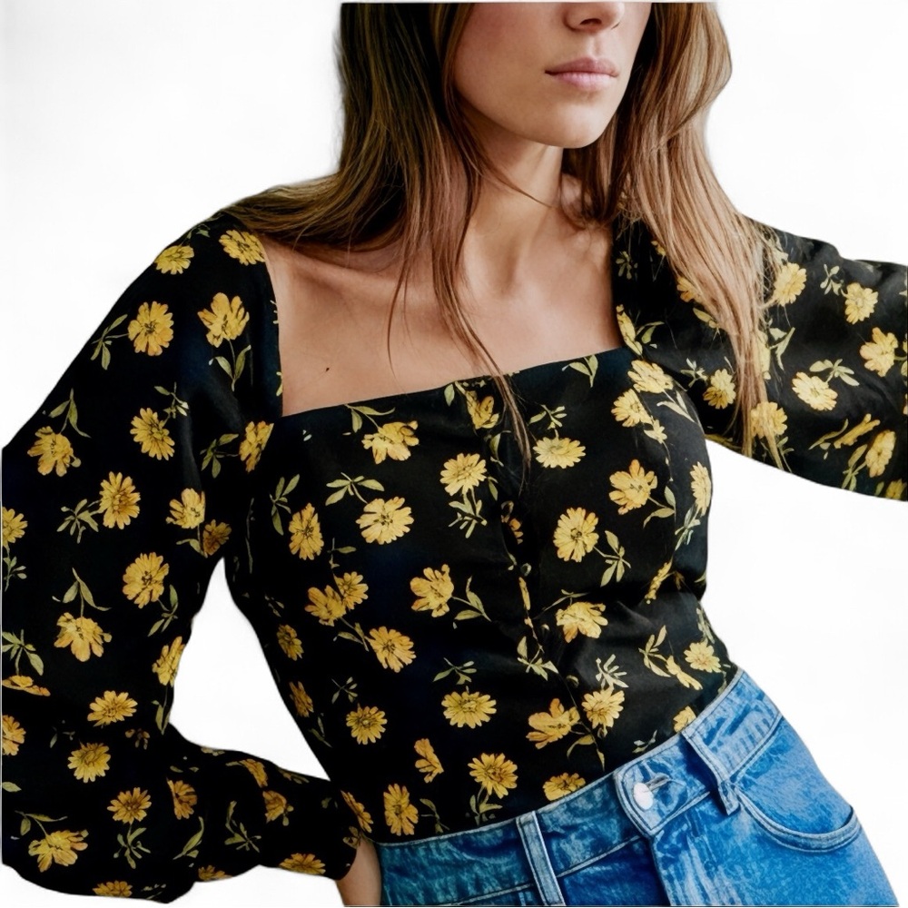 Sezane Black and Yellow Floral Blouse